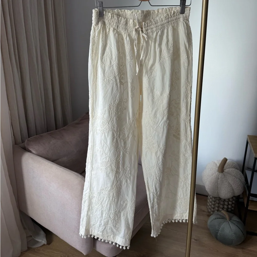 H&M Embroidered Drawstring Pants, Cream, Size M - Picture 4 of 7